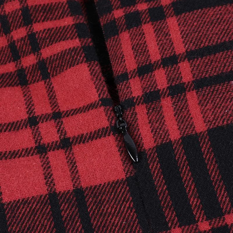Backless ruched lace hem plaid lace up zip-up mini dress  | red tango dress