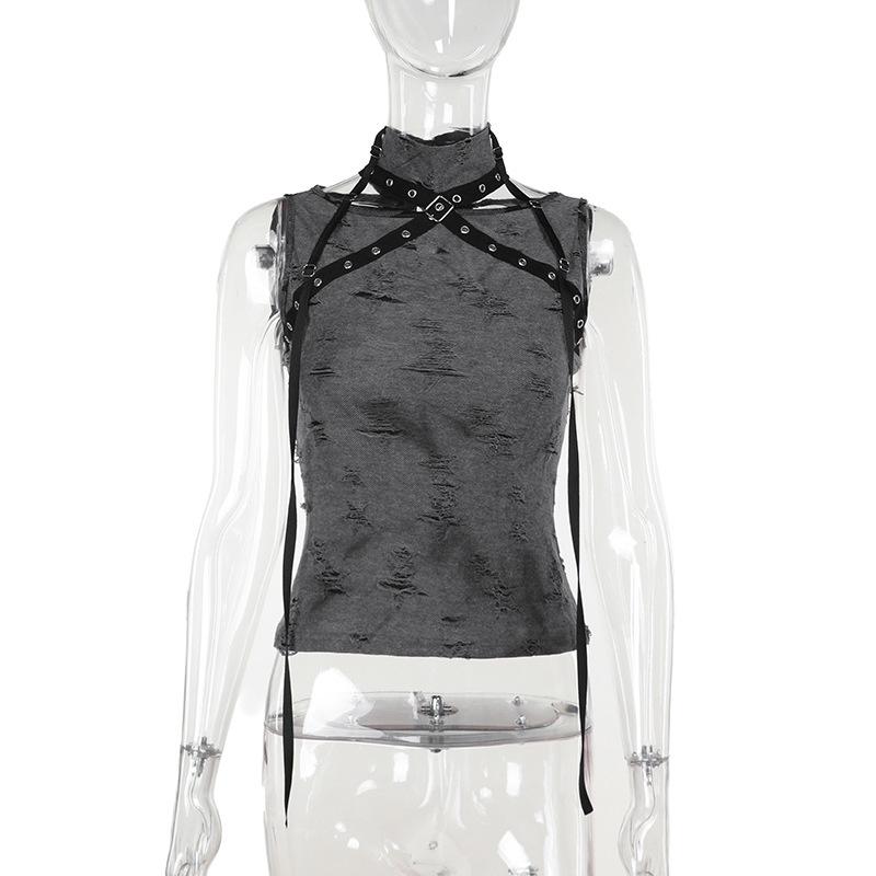 Sleeveless high neck buckle patchwork top