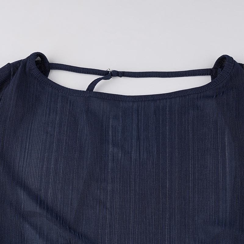 Self tie backless round neck long sleeve textured top