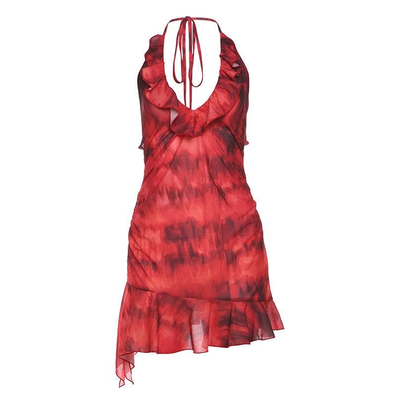 Halter ruched tie dye ruffle backless mini dress  | red tango dress