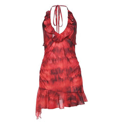 Halter ruched tie dye ruffle backless mini dress  | red tango dress