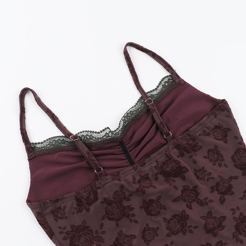 Lace hem ruched flower pattern mesh cami top