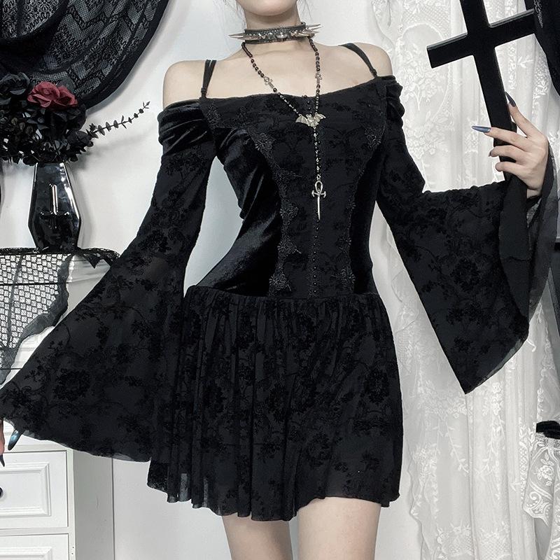 Off shoulder long flared sleeve velvet mini dress