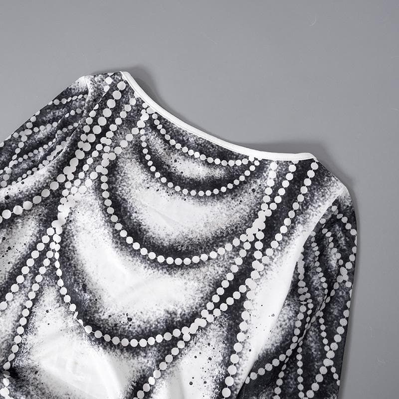 Drawstring long sleeve beaded print contrast backless top