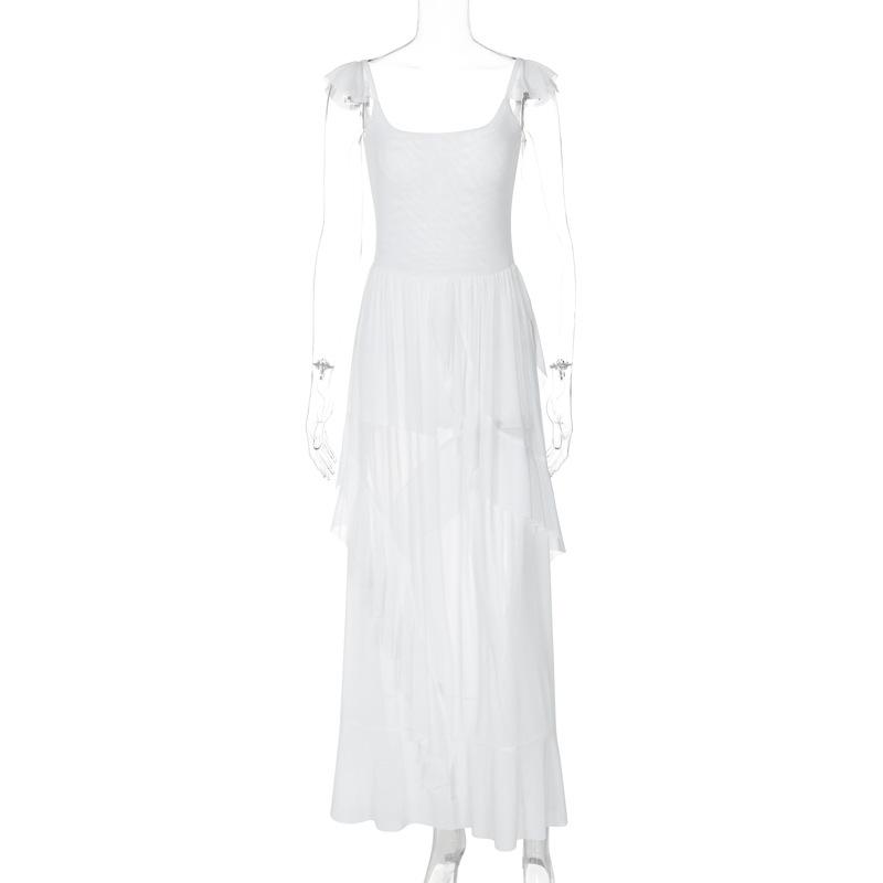 Ruched ruffle square neck sheer mesh cami maxi dress  | samba dress