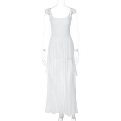 Ruched ruffle square neck sheer mesh cami maxi dress  | samba dress
