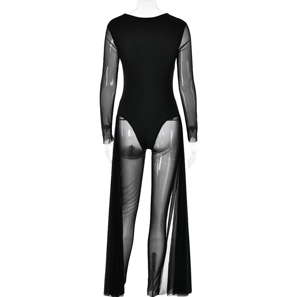 Long sleeve stitch mesh zip-up jumpsuit