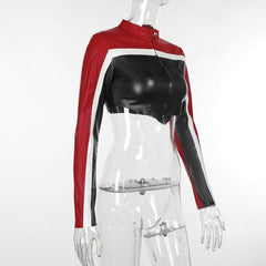 Contrast patchwork zip-up long sleeve PU leather to top jacket