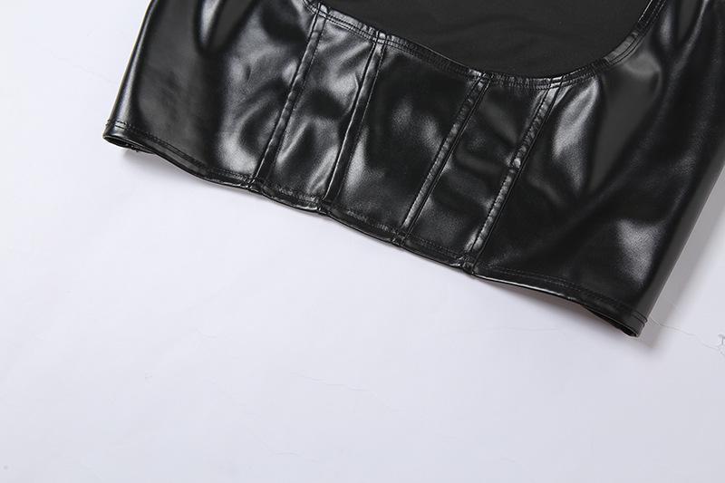 Halter PU leather buckle zip-up stitch solid top
