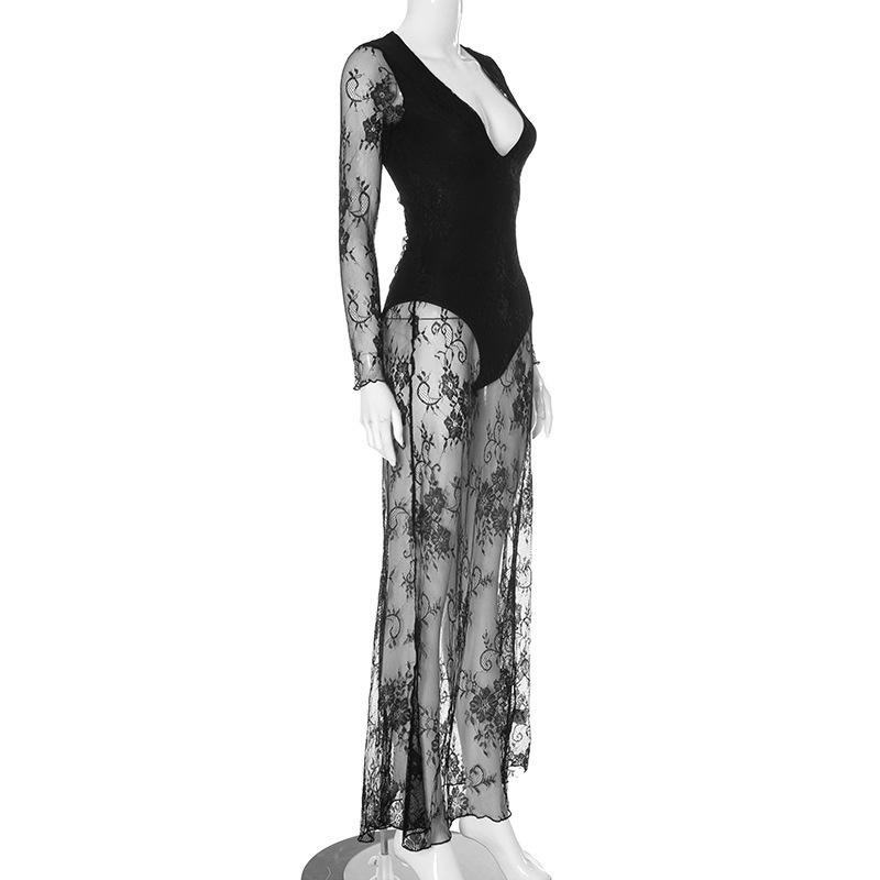 Long sleeve v neck lace maxi dress