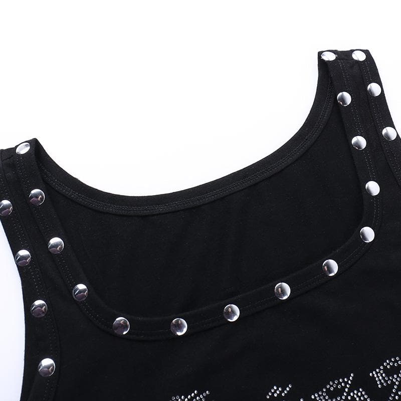 Letter pattern beaded u neck tank top