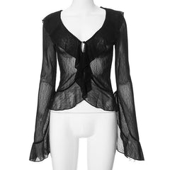 Long flared sleeve chiffon ruffle see through top