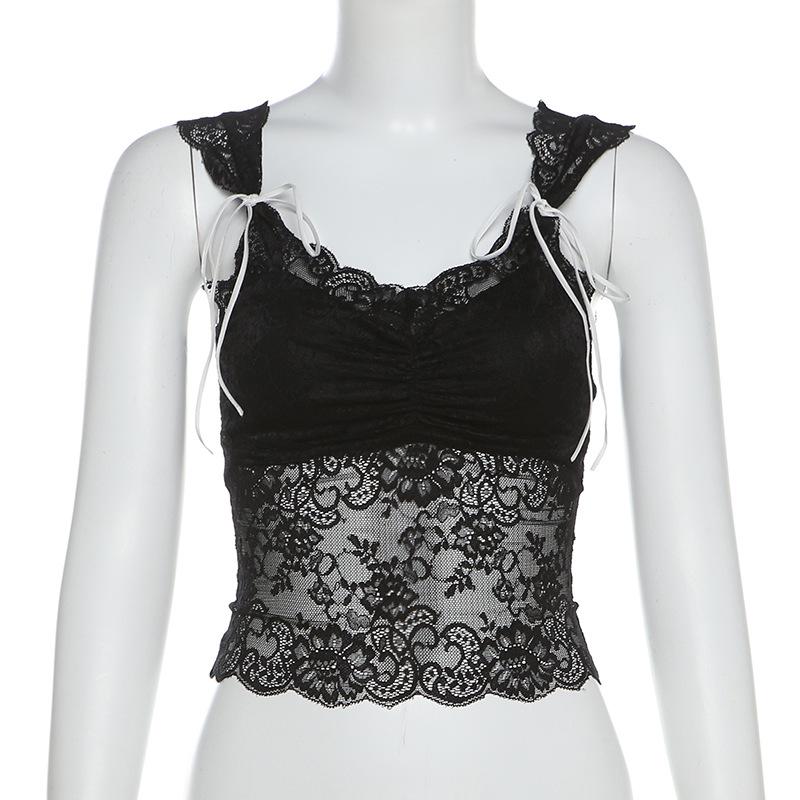 Lace bowknot ruched patchwork cami top