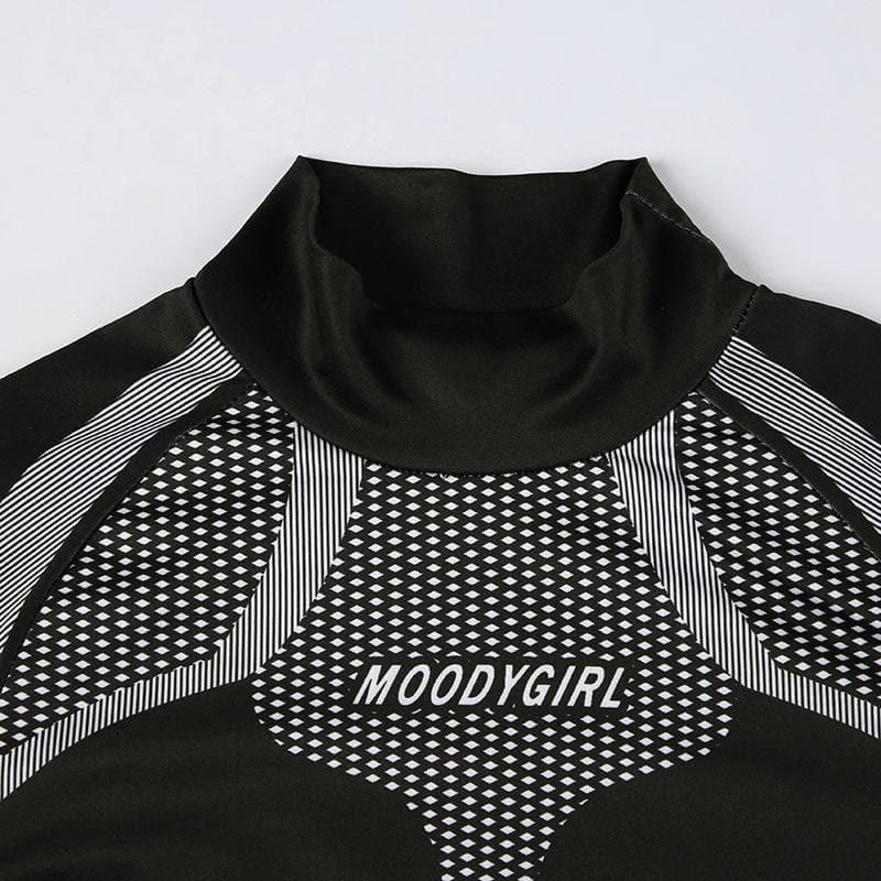 High neck long sleeve contrast print gloves top
