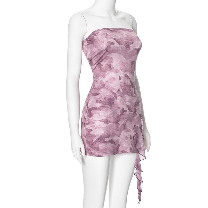 Ruffle print stitch mesh contrast backless tube mini dress