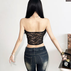 Lace hollow out lace up button tube top