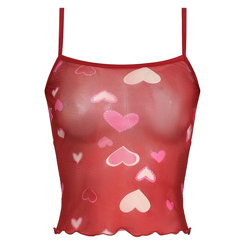 Heart print sheer mesh ruffle cami top