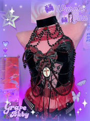 Halter beaded bowknot mesh lace hem top