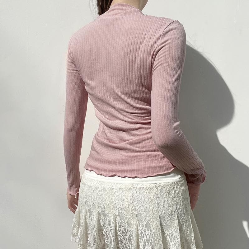 Lace hem contrast long sleeve bowknot ruffle top