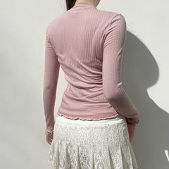 Lace hem contrast long sleeve bowknot ruffle top