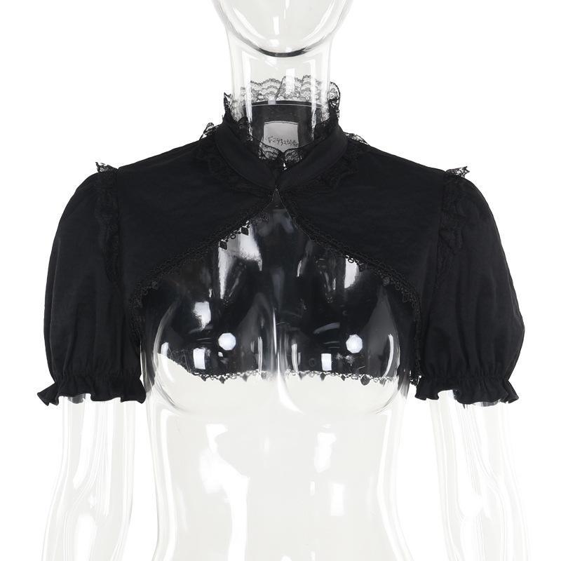 Puff sleeve lace hem button shrug top
