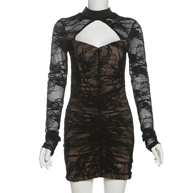 High neck long sleeve lace hollow out mini dress