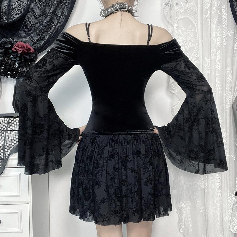 Off shoulder long flared sleeve velvet mini dress