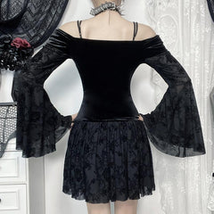 Off shoulder long flared sleeve velvet mini dress