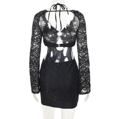 Halter long sleeve lace hollow out o ring mini dress