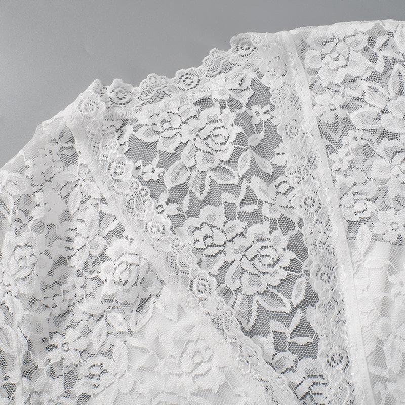 Long sleeve v neck lace self tie solid crop top