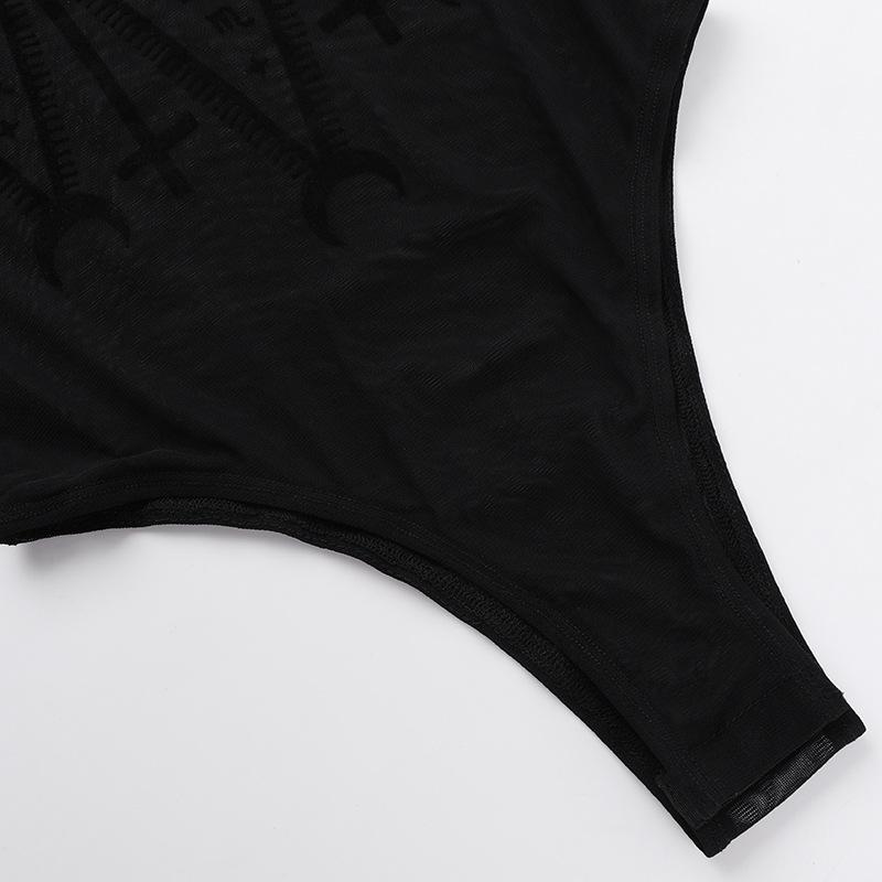 Long sleeve high neck sheer mesh eye print bodysuit