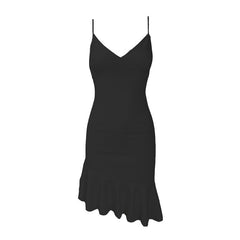V neck ruffle backless irregular solid cami dress  | red tango dress