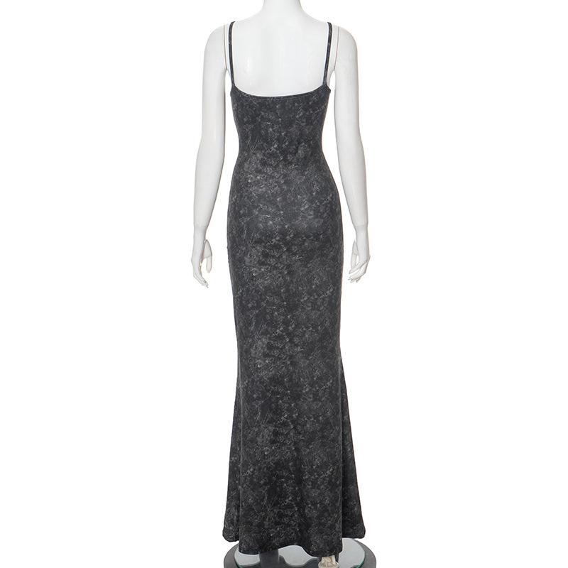 U neck print backless cami maxi dress