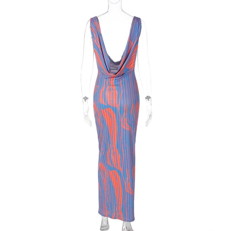 Contrast print cowl neck sleeveless backless maxi dress  | red tango dress