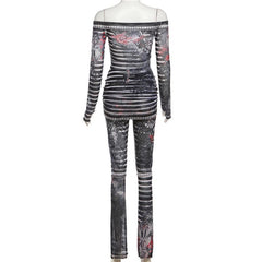 Long sleeve off shoulder sheer mesh print pant set