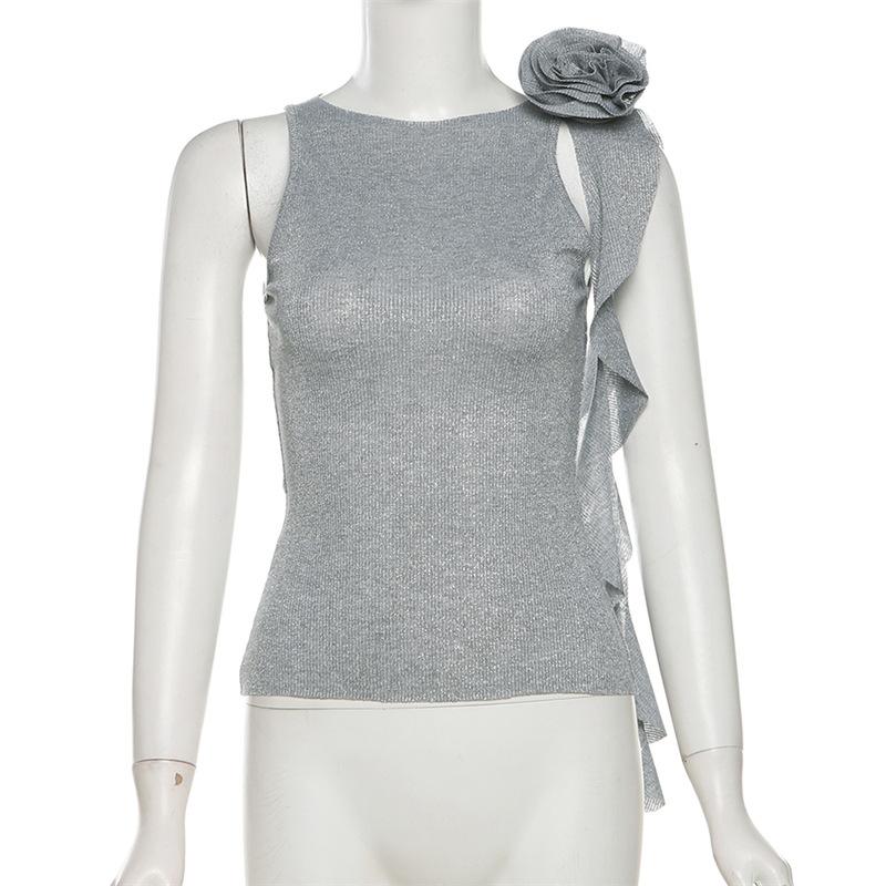 Crewneck flower applique glitter ruffle top