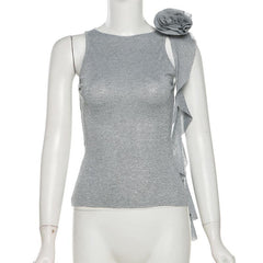 Crewneck flower applique glitter ruffle top