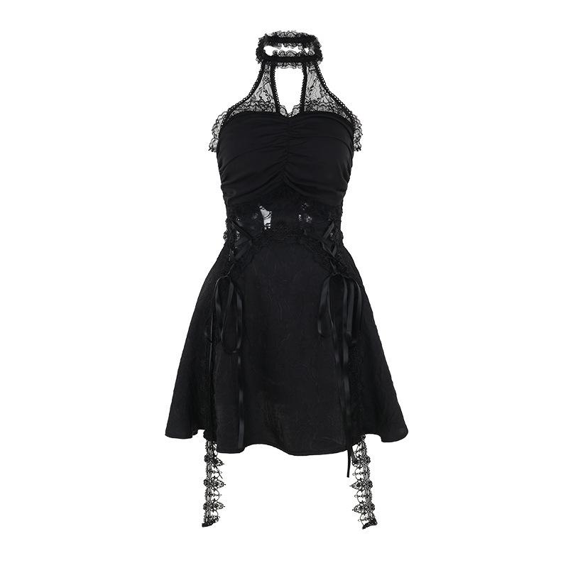 Halter ruffle hollow out lace hem mini dress