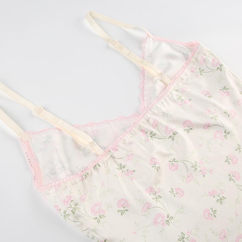 V neck lace hem flower print ruched bowknot cami top