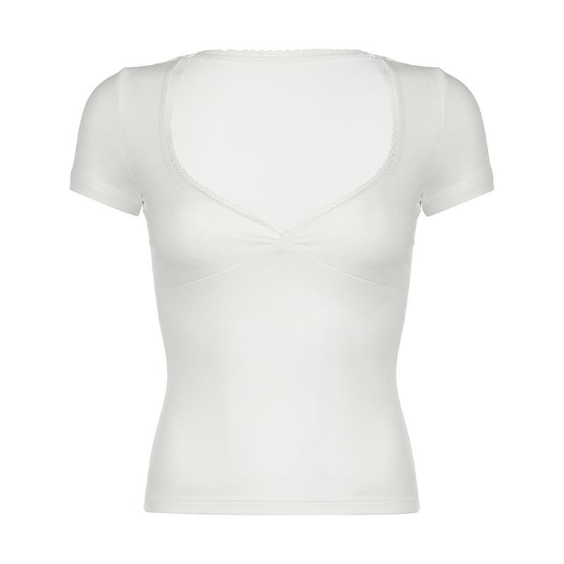 Short sleeve v neck lace hem solid top