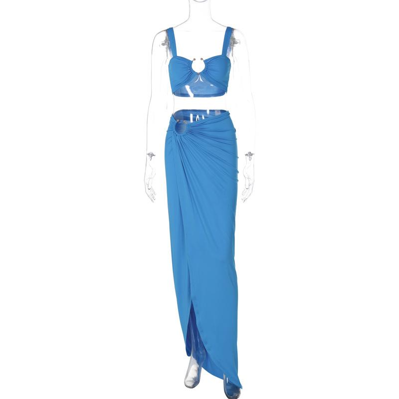 O ring ruched crop high slit cami maxi skirt set
