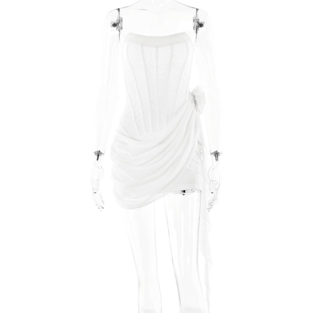 U neck bustier ruffle flower applique tube mini dress