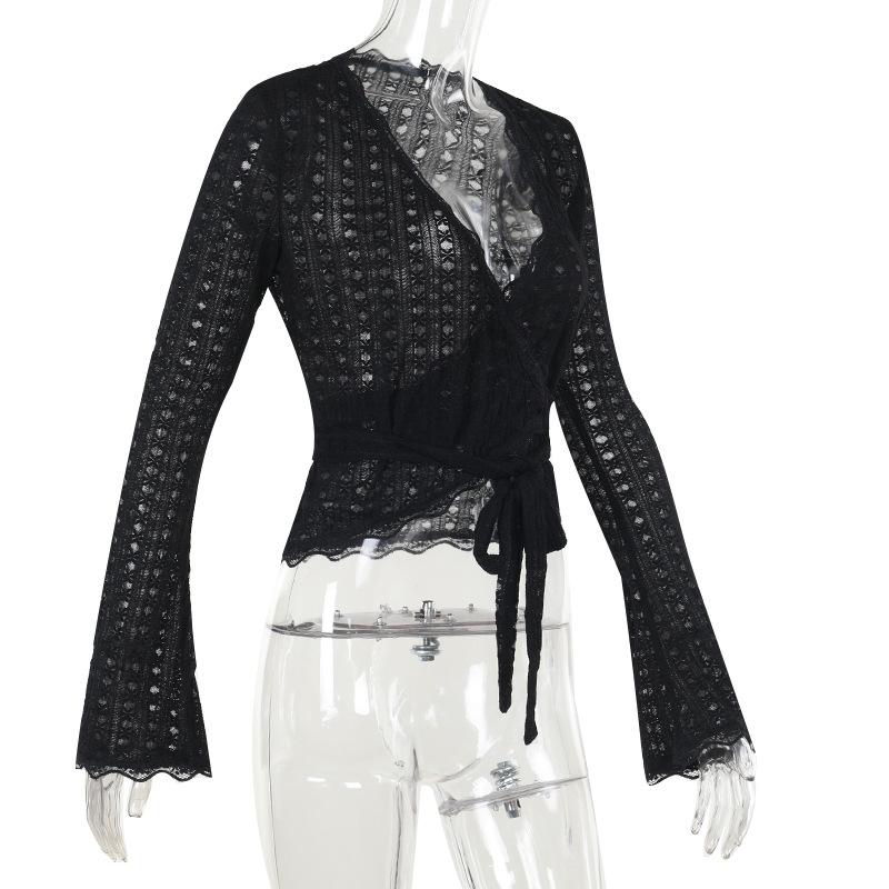 Long flared sleeve v neck lace hem knotted top