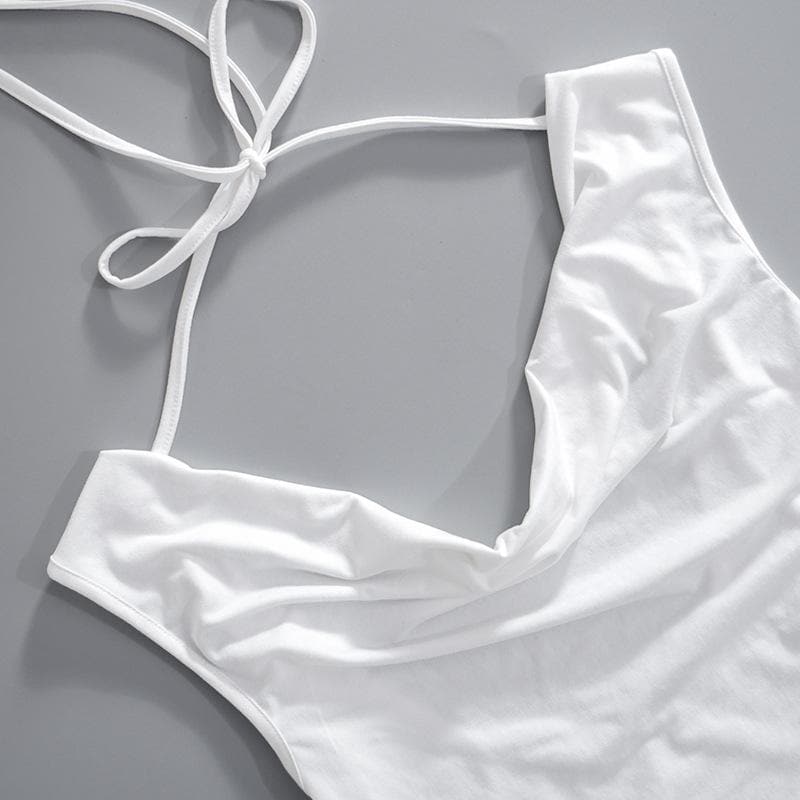 Cowl neck solid cap sleeve backless self tie ruched crop top