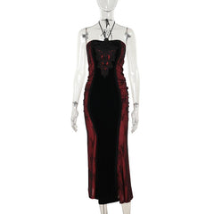 Halter embroidery ruched contrast maxi dress  | red tango dress