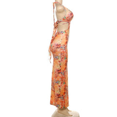 Halter self tie deep V neck print backless maxi dress