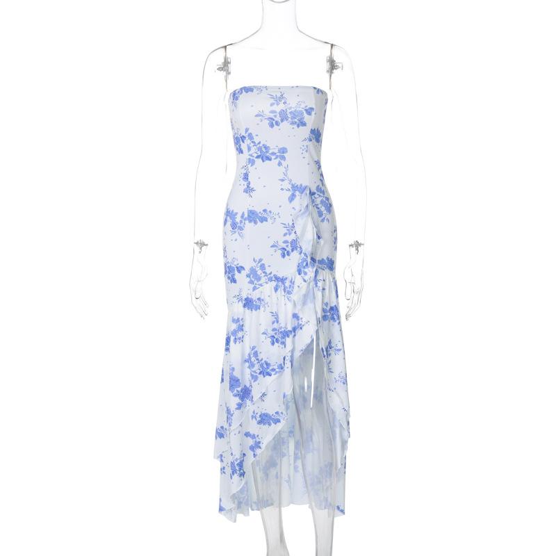 Print ruffle ruched high slit tube maxi dress