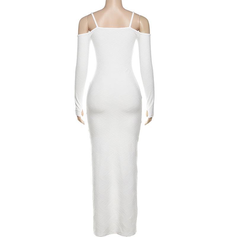 Long sleeve off shoulder textured solid maxi dress