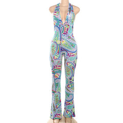Halter deep V neck print backless contrast jumpsuit