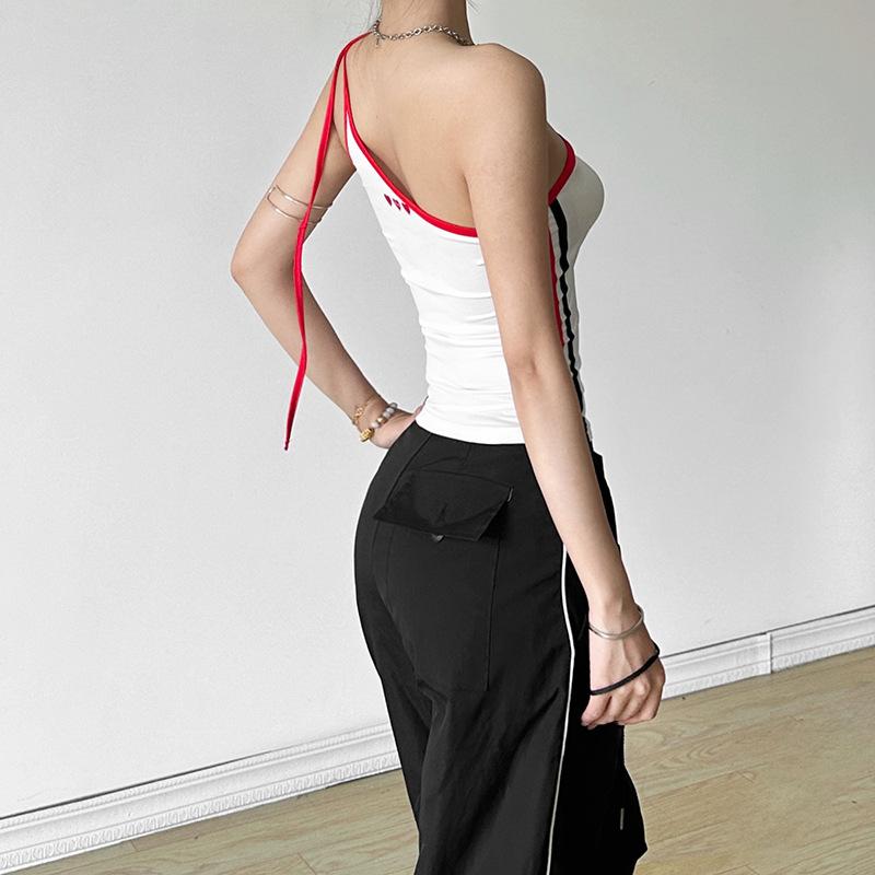 One shoulder irregular self tie â€?1â€?pattern contrast top